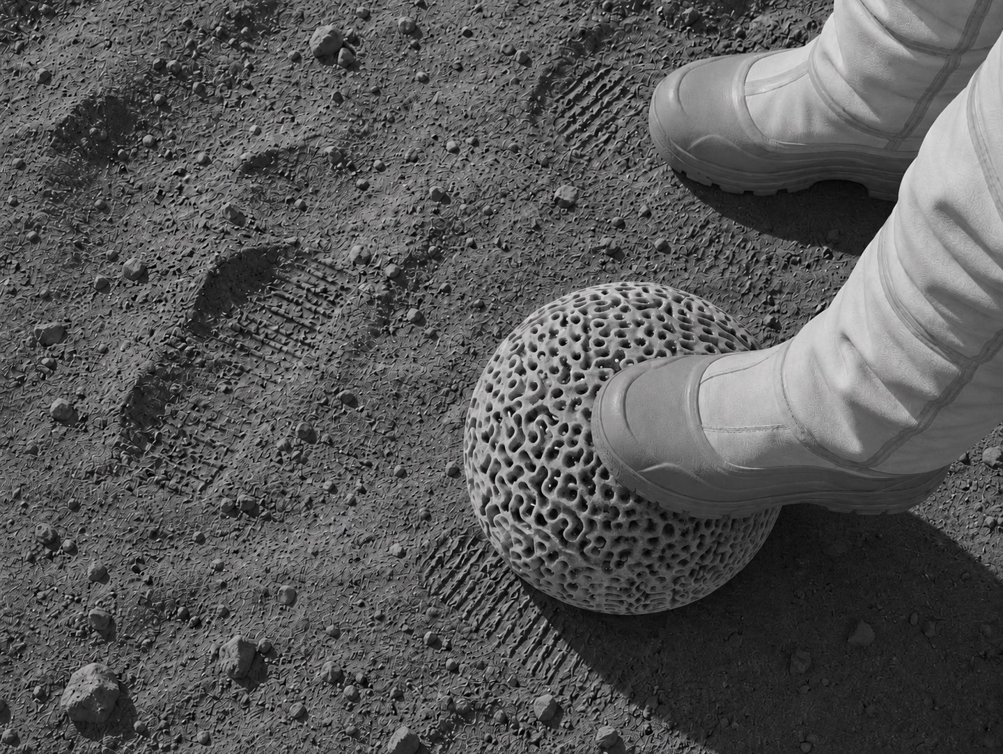Astronaut boot resting on the MOONBALL, footprints in the lunar regolith